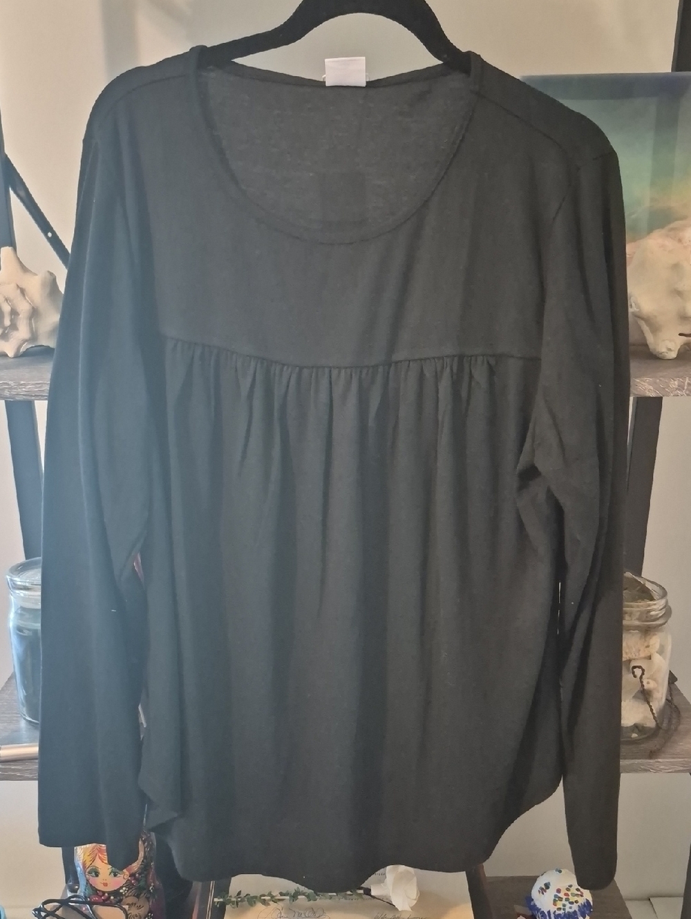 Black Long-Sleeve Gathered Yoke Women's Top